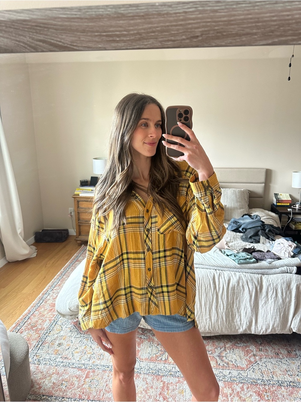 BDG Women’s Yellow Plaid Button-Up Shirt - Oversized Top